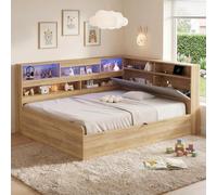 Kelodan Cama de día para niños, cama de madera para niños, 140 x 200 cm, con estación de carga USB e iluminación LED, color natural