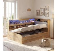 Kelodan Cama de día para niños, cama de madera para niños, 90 x 200 cm, con estación de carga USB e iluminación LED, color natural