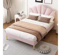 Kelodan Cama de matrimonio de 140 x 190 cm, terciopelo acolchado, forma de concha con patas de hierro doradas, cabecero de altura ajustable, somier de láminas de madera rosa