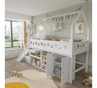 Kelodan Cama infantil, 90 x 200 cm, cama infantil, multifuncional, con tobogán y escaleras, con cajones y taquillas, con puerta magnética, sin colchón, madera maciza, color blanco