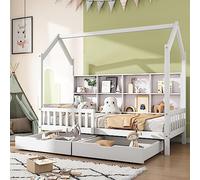 Kelodan Cama infantil de 90 x 200 cm, con estantería multiusos y dos cajones grandes con espacio de almacenamiento y forma de chimenea, color blanco