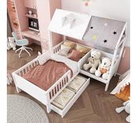 Kelodan Cama infantil de madera, 90 x 200 cm, multifuncional, con tela de tienda y cojines, cajones inferiores, sin colchón, color blanco