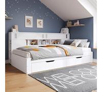 Kelodan Cama infantil multifuncional 140 x 190 cm con cajones, estantería y armario, caja de almacenamiento sin colchón, color blanco