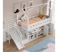 Kelodan Cama infantil multifuncional con tobogán y escaleras, 90 x 200 cm, cajones, taquilla, madera maciza, blanco, sin colchón