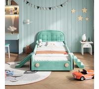 Kelodan Cama para coche con tobogán y escalera, cama acolchada suave en color verde azulado, montaje a izquierda y derecha, cama de juegos con protección contra caídas para habitación infantil, 90 x