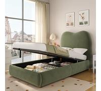 Kelodan Cama tapizada 90 x 200 cm, cama individual, cama infantil, cama funcional hidráulica, cama con somier, cabecero y gran espacio de almacenamiento, cabecero acolchado, terciopelo, verde