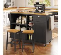 Kelodan Carro de comedor 129 x 46 x 92 cm, moderno y sencillo, negro, portátil, con cajones y armarios de almacenamiento, encimera de madera marrón claro, adecuado para familias modernas