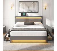 Kelodan Colchón de 140 x 190 cm con puerto USB, iluminación LED, cuatro cajones, colchón no incluido, patrón de litchi, color gris