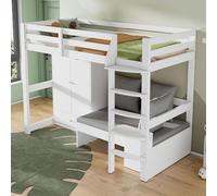 Kelodan Hochbett 90x200 für Kinder,Multifunktionales Kinderbett, mit eine Leiter, mit Kleiderschrank, Sofa mit Stauraum, DREI Kissen und Auflagen, mit Ablageboden, ohne Matratze, Massivholz, weiß