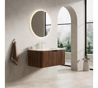 Kelodan Lavabo de baño 80 cm Roz Wandmontie con roma travertino sinterizado piedra caliente curvada bajo encimera lavabo, armario de madera contrachapada a rayas con cajón, premontado.
