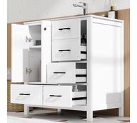 Kelodan Lavabo de baño independiente totalmente lacado, 76 x 46 x 82 cm, varios cajones para almacenamiento, estantes ajustables, lavabo de cerámica integrado, color blanco.