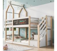 Kelodan Litera de 90 × 200 cm, diseño de casa del árbol, incluye pizarra, con almacenamiento y protección anticaídas, cama alta para niños, 2 somieres, natural y blanco (sin colchón)