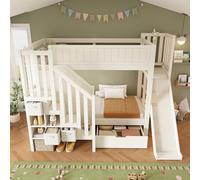 Kelodan Litera infantil de 90 × 200 cm con tobogán, armario de escalera, cajones grandes y estante abierto, color blanco, somier de láminas, seguridad EN747-1:2024, ideal para familias con varios