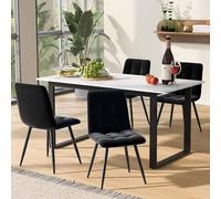 Kelodan Mesa de comedor telescópica de 140/180 x 80 x 75 cm, patas de hierro y patas cuadradas (tablero de fibra de densidad media blanca moderna con patrón de mármol), doble uso para hogar y oficina