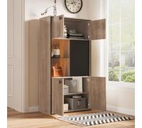 Kelodan Moderna combinación de armario con aspecto de madera, estructura negra, 200 x 40 x 200 cm: puertas dobles superiores, puertas correderas medianas con estante abierto y compartimentos