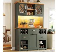 Kelodan Mueble de cocina alto con puertas de cristal e iluminación LED, armario auxiliar con estante para vino, estantes ajustables, 120 x 45 x 188 cm, verde envejecido