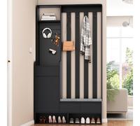 Kelodan Perchero de pasillo H180/B100/T35 cm con banco acolchado para almacenamiento multifuncional de pasillo o zapatero con panel perforado, armario moderno con 4 ganchos para