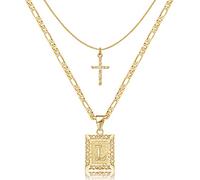 KELORIS PATH Collar de cruz con inicial en capas de oro, chapado en oro de 14 quilates, colgante de letra cuadrada, cadena Figaro, gargantilla de cruz de la A a la Z, joyería capital para mujeres y
