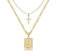 KELORIS PATH Collar de cruz inicial en capas de oro, chapado en oro de 14 quilates, colgante de letra cuadrada, cadena Figaro, gargantilla de cruz de la A a la Z, joyería capital para mujeres y niñas