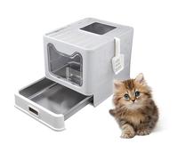 KELUNIS Bandeja De Arena para Gatos Plegable con CajóN Bandeja De Arena para Gatos Cerrada De Acero Inoxidable Sin Olores A Prueba De Fugas FáCil De Limpiar,Gris