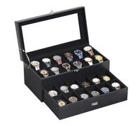 Kelvorauna AUTOARK Caja para 24 Relojes de Cuero y Terciopelo con Tapa de Cristal, cajón Expositor de joyería con Cerradura, Organizador, Cojines Negros extraíbles para Relojes, Negro, MKAW035