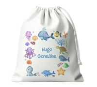 Kembilove Bolsa Merienda Infantil - Personalizada con Nombre - Tela Guardería - Almuerzo Vuelta al Cole - Cuerdas con Nombre - Saquitos de Tela - Mundo Marino