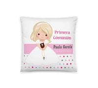 Kembilove Cojín de Comunión Personalizado con Nombre - Almohada Decorativa para Niña Rubia - Regalo Original para Primera Comunión - Diseño Tierno con Biblia y Rosario