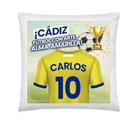 Kembilove® Cojín de Fútbol Personalizado Cádiz con Nombre y Número | Almohada Decorativa Amarilla | Regalo Original para Aficionados y Niños Futboleros