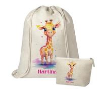 Kembilove Mochila Infantil Personalizada con Nombre + Neceser Juego - Jirafa Acuarela para Niños y Niñas -Guardería, Colegio, Regalo Cumpleaños, Vuelta al Cole - Saquito de Tela