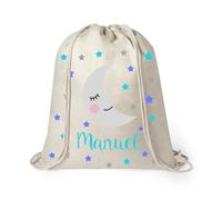 Kembilove Mochila Personalizada con Nombre Infantil - Mochilas Saco Personalizadas con el Nombre del Niño o Niña - Mochila Cuerdas Vuelta al Cole de Luna y Estrellas Azul