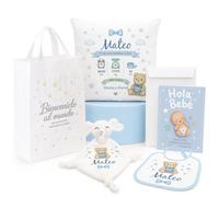 Kembilove® Pack Bebé Personalizado con Nombre Osito Azul | Regalo Recién Nacido con Cojín, Dou Dou, Babero, Tarjeta y Bolsa Reutilizable | Canastilla Bebé Original para Niño