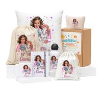 Kembilove Pack Infantil Personalizado Unicornio con Caricatura y Nombre | Regalo Original para Niñas | Cumpleaños, Comunión, Navidad | Mochila, Botella, Cojín, Taza, Neceser | Monta tu Pack Ideal