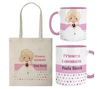 Kembilove Pack Primera Comunión Niña Personalizado | Taza y Bolsa con Nombre y Fecha | Regalo Original Comunión | Recuerdo Personalizable para Invitados o Protagonista