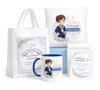 Kembilove® Pack Primera Comunión Niño Personalizado con Nombre y Fecha - Bolsa, Taza, Cojín y Tarjeta - Regalo Original y Decorativo - Recuerdo Emotivo