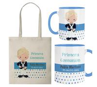 Kembilove Pack Primera Comunión Niño Rubio | Taza y Bolsa Personalizadas con Nombre y Fecha | Regalo Original para Invitados y Recuerdo de Comunión | Diseño Exclusivo y Emotivo