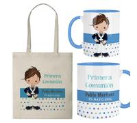 Kembilove Pack Primera Comunión Niño | Taza y Bolsa Personalizadas con Nombre y Fecha | Regalo Original para Invitados y Recuerdo de Comunión | Diseño Tierno y Exclusivo para Niños