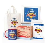 Kembilove® Pack Regalo Abuelo - Taza y Cojín “Eres el Mejor del Mundo” + Bolsa Tote + Tarjeta de Felicitación + Caja Kraft | Regalo Original para Yayo
