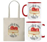 Kembilove® Pack Regalo Compañeros Trabajo Personalizado - Taza y Bolsa “La vida es mejor con compañeros como tú” - Regalo Original y Divertido para Despedidas, Jubilaciones y Eventos de Empresa