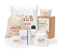 Kembilove Pack regalo infantil personalizado con nombre | Diseño tren de animales para niños | Regalo original para cumpleaños comuniones guardería o vuelta al cole