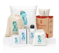 Kembilove Pack Regalo Infantil Personalizado - Crea tu Set con Nombre - Dino Azul con Corona - Cojín, Mochila, Botella, Taza, Libreta, Neceser y Bolsa de Merienda