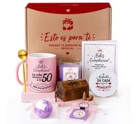 Kembilove® Pack Regalo Mujer 50 Años con Taza Personalizada - Caja Sorpresa Cumpleaños con Vela, Sales de Baño e Inciensos - Regalo Original 50 Cumpleaños Mujer
