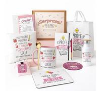 Kembilove® Pack Regalo Profesora Fin de Curso Personalizado - Kit Premium con Cojín, Taza y Libreta - Detalle Emocional y Completo para Profesores - Regalo de Clase Especial