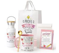 Kembilove® Pack Regalo Profesora Fin de Curso Personalizado - Taza + Botella + Bolsa - Kit Completo Emocional y Original - Regalo de Alumnos y Padres