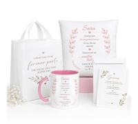 Kembilove® Pack Regalo Testigo de Boda Personalizado para Mujer | Bolsa, Taza, Cojín y Tarjeta con Nombre | Regalo de Agradecimiento para Testigo | Recuerdo Especial de Boda Personalizado