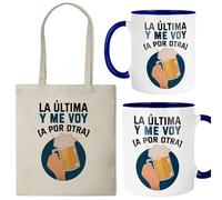 Kembilove® Pack Taza y Bolsa “La ultima y me voy a por otra” | Cerámica 325 ml y Tote Bag Reutilizable | Regalo divertido para amantes del humor y la cerveza | Ideal para cumpleaños, amigo invisible
