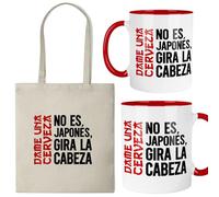 Kembilove® Pack Taza y Bolsa “No es japones, gira la cabeza” | Cerámica 325 ml y Tote Bag Reutilizable | Regalo divertido para amantes del humor y la cerveza | Ideal para cumpleaños, amigo invisible
