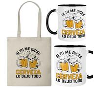 Kembilove® Pack Taza y Bolsa “Si tu me dices cerveza lo dejo todo” | Cerámica 325 ml y Tote Bag Reutilizable | Regalo divertido para amantes del humor y la cerveza | Ideal para cumpleaños, amigo