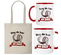 Kembilove® Pack Taza y Bolsa “Voy de bar en peor” | Cerámica 325 ml y Tote Bag Reutilizable | Regalo divertido para amantes del humor y la cerveza | Ideal para cumpleaños, amigo invisible