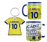 Kembilove® Pack Taza y Llavero Cádiz Personalizados | Regalo Fútbol Amarillo con Nombre y Número | Taza Cádiz CF Personalizada Niño Adulto | Alma Cadista | Detalle Aficionados