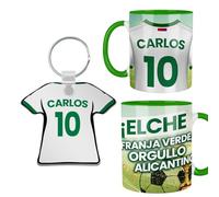Kembilove® Pack Taza y Llavero Fútbol Elche Personalizados | Nombre y Número | Regalo Franja Verde Elche CF para Aficionados Ilicitano Niño Adulto | Detalle Futbolero Original